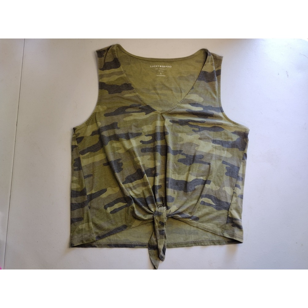 Lucky Brand Women Camo Tie Front V Neck Tank Top Size L